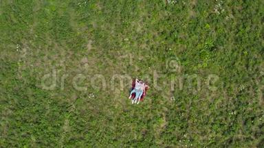幸福的年轻夫妇躺在草地上。 摄像机慢慢地从他们身边<strong>飞走了</strong>。 从高空向下。 4K.